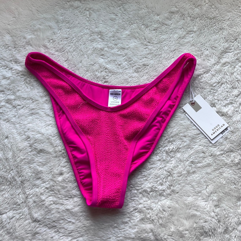 Good American Pink Glow Crinkle High Cut Bikini Bottom GSW1012 Womens L/XL NEW